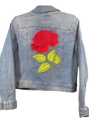 Light wash blue denim jacket, showcasing a large red rose on backDenim jacket,